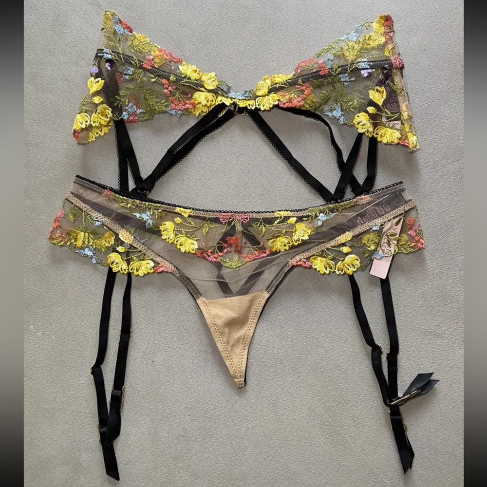 Victoria's Secret DREAM ANGELS Floral Embroidered Thong XS & Garter Belt XS/S - Picture 1 of 4